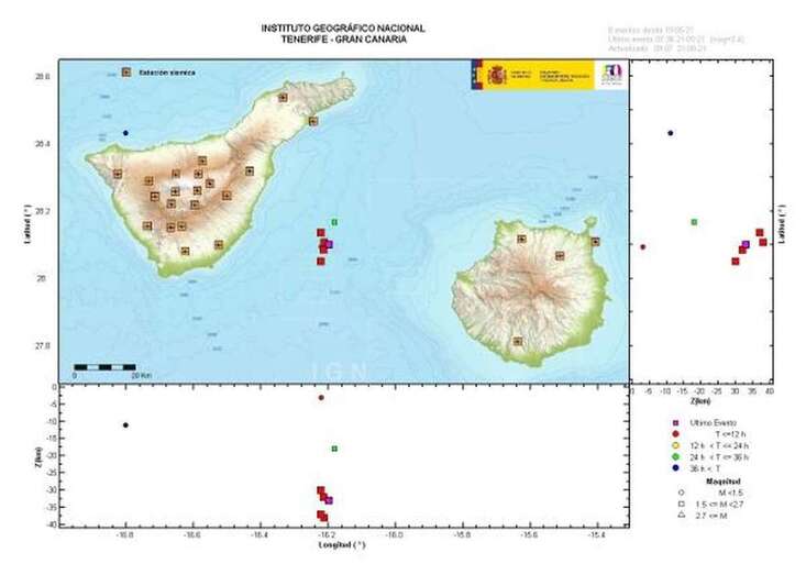 Imagen facilitada por el Instituto Geográfico Nacional con la ubicación de la serie sísmica / TA